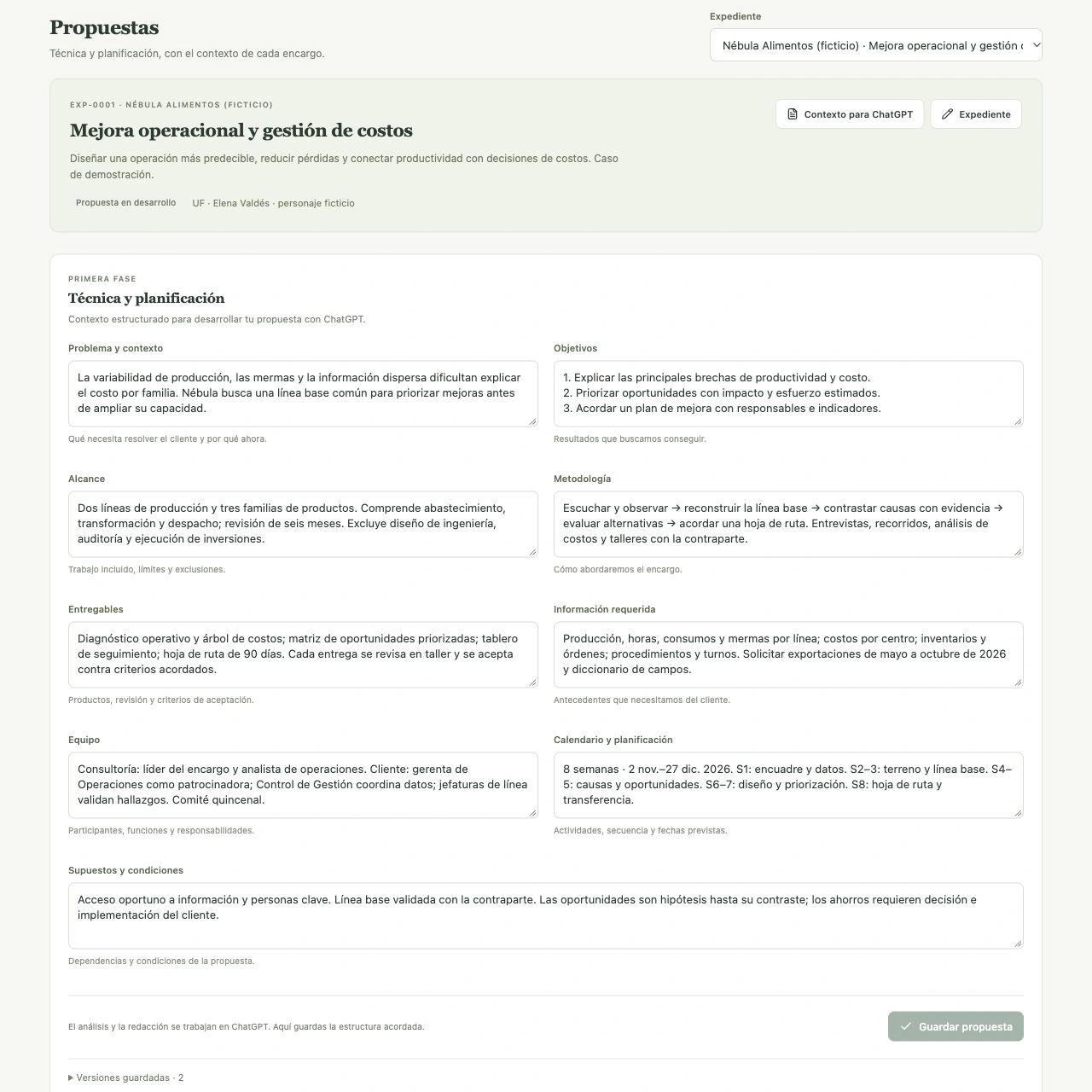 Propuesta técnica de Nébula Alimentos, con problema, objetivos, alcance y metodología. Interfaz actual con datos ficticios.