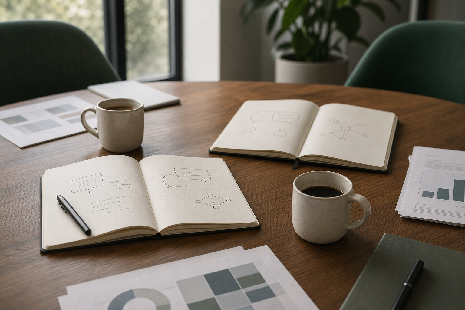 Cuadernos con esquemas de conversación y tazas de café sobre una mesa de reuniones.