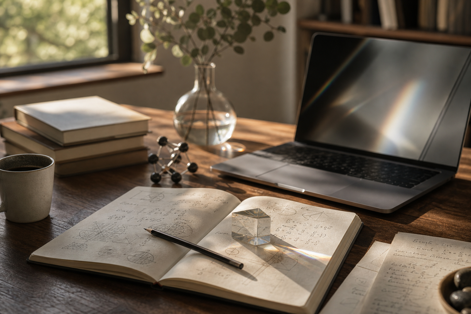 Cuaderno científico abierto junto a un computador, un prisma y un modelo molecular sobre una mesa de madera.