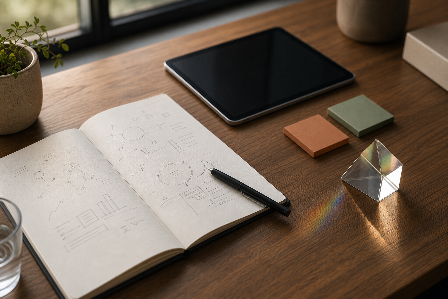 Cuaderno de ideas, prisma y notas adhesivas sobre una mesa de madera.