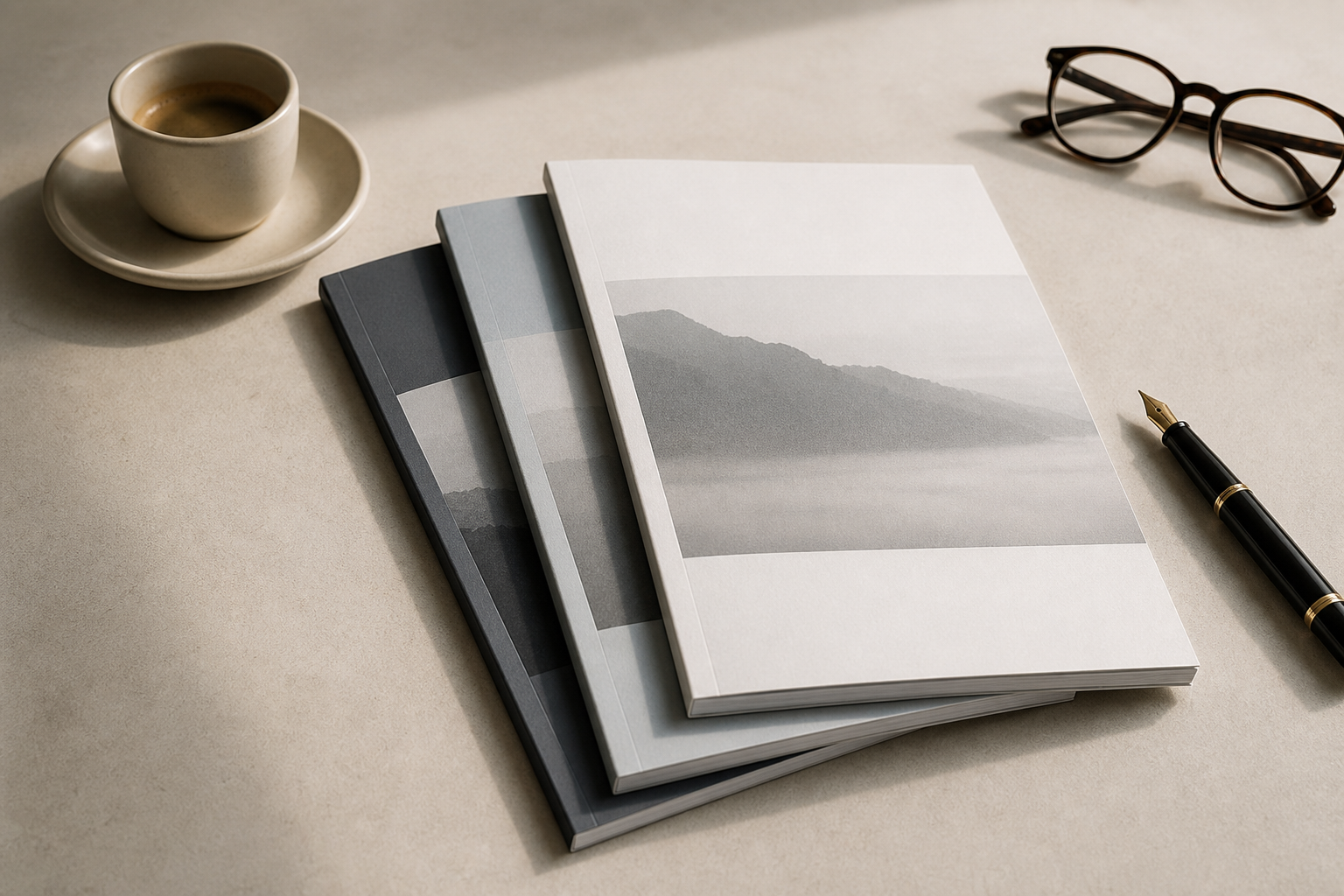 Cuadernos editoriales, café, anteojos y pluma en una mesa iluminada.
