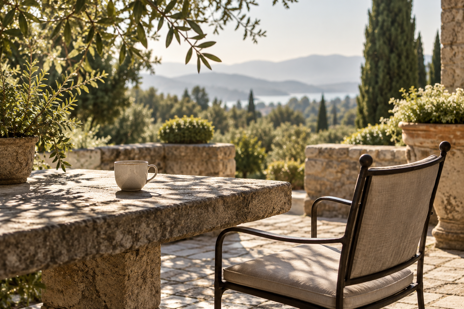 Una taza junto a una silla en una terraza tranquila, con luz natural y un jardín al fondo.